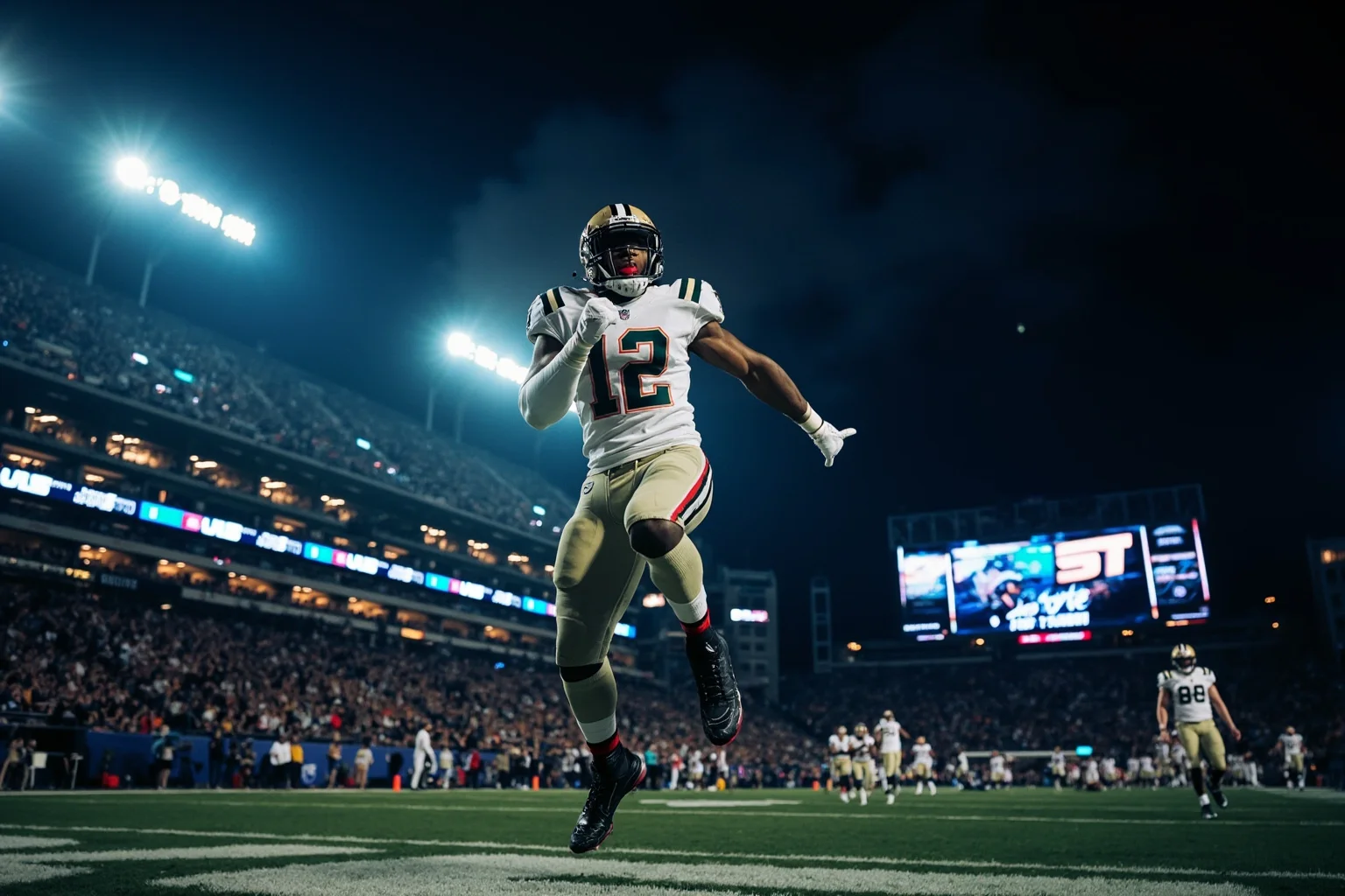 Biggest Blowouts in Sports History 6 Modern NFL stadium at night, offense celebrating touchdown with an extremely high score on the scoreboard