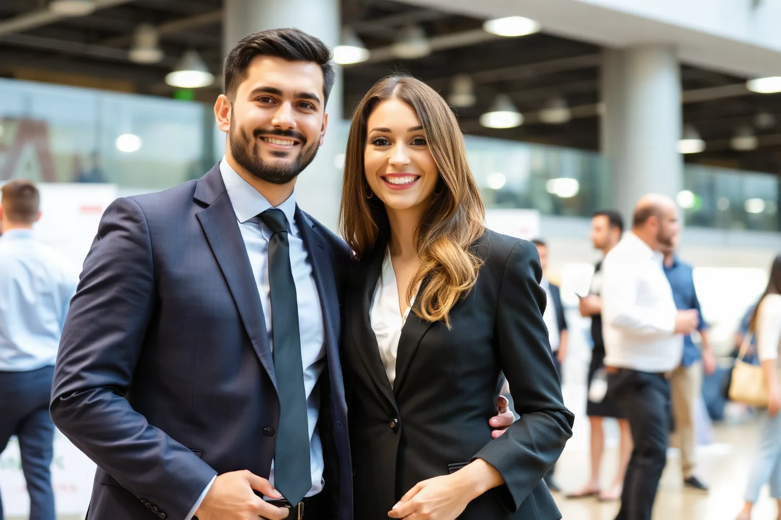 Modern professional couple in formal business attire standing together at a public event, confident and polished