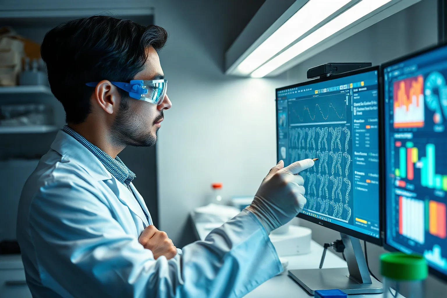 Modern researcher in a lab coat analyzing DNA samples on a screen, cryptozoology investigation theme
