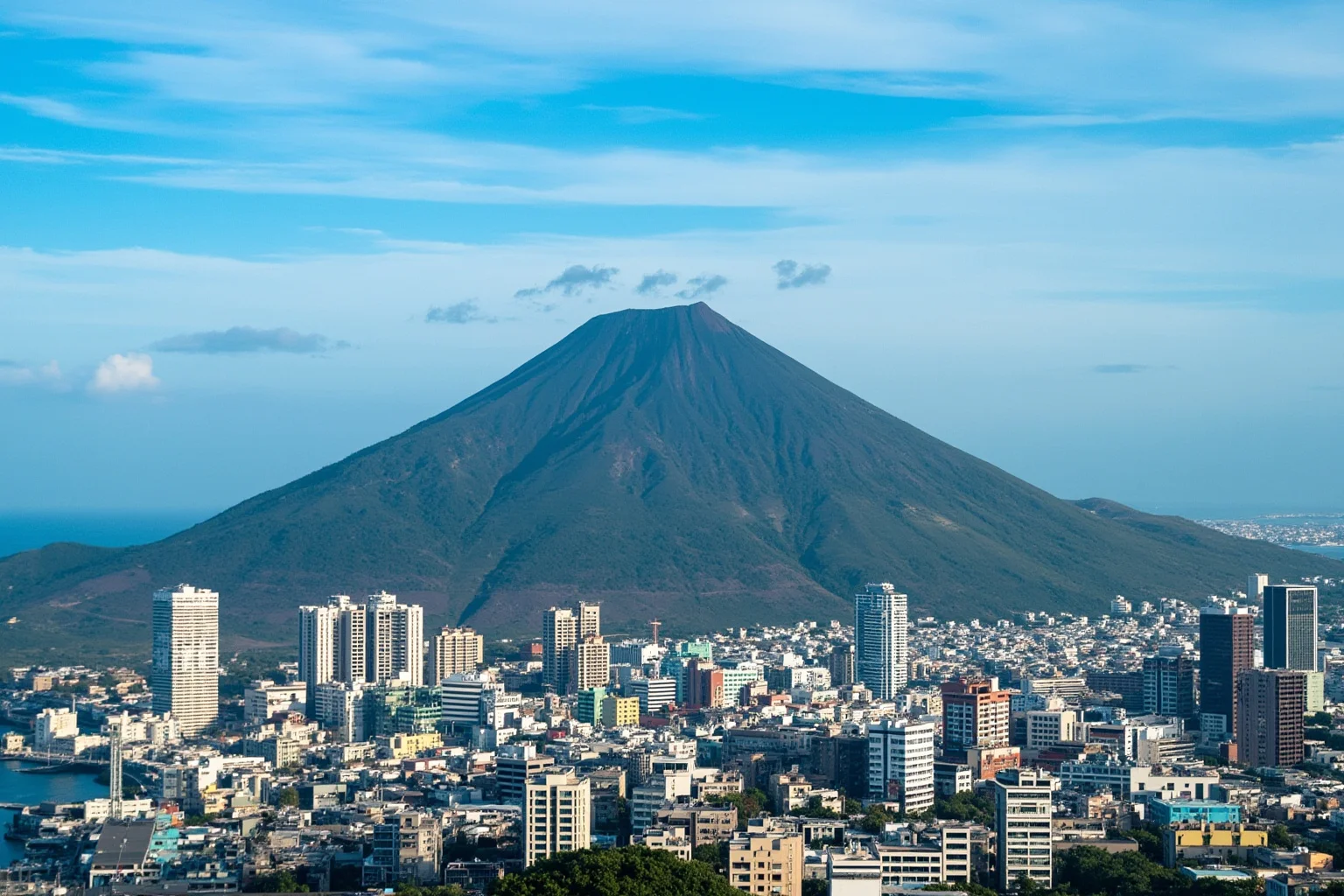 Modern satellite-style view of a green volcanic mountain rising above a densely populated coastal city