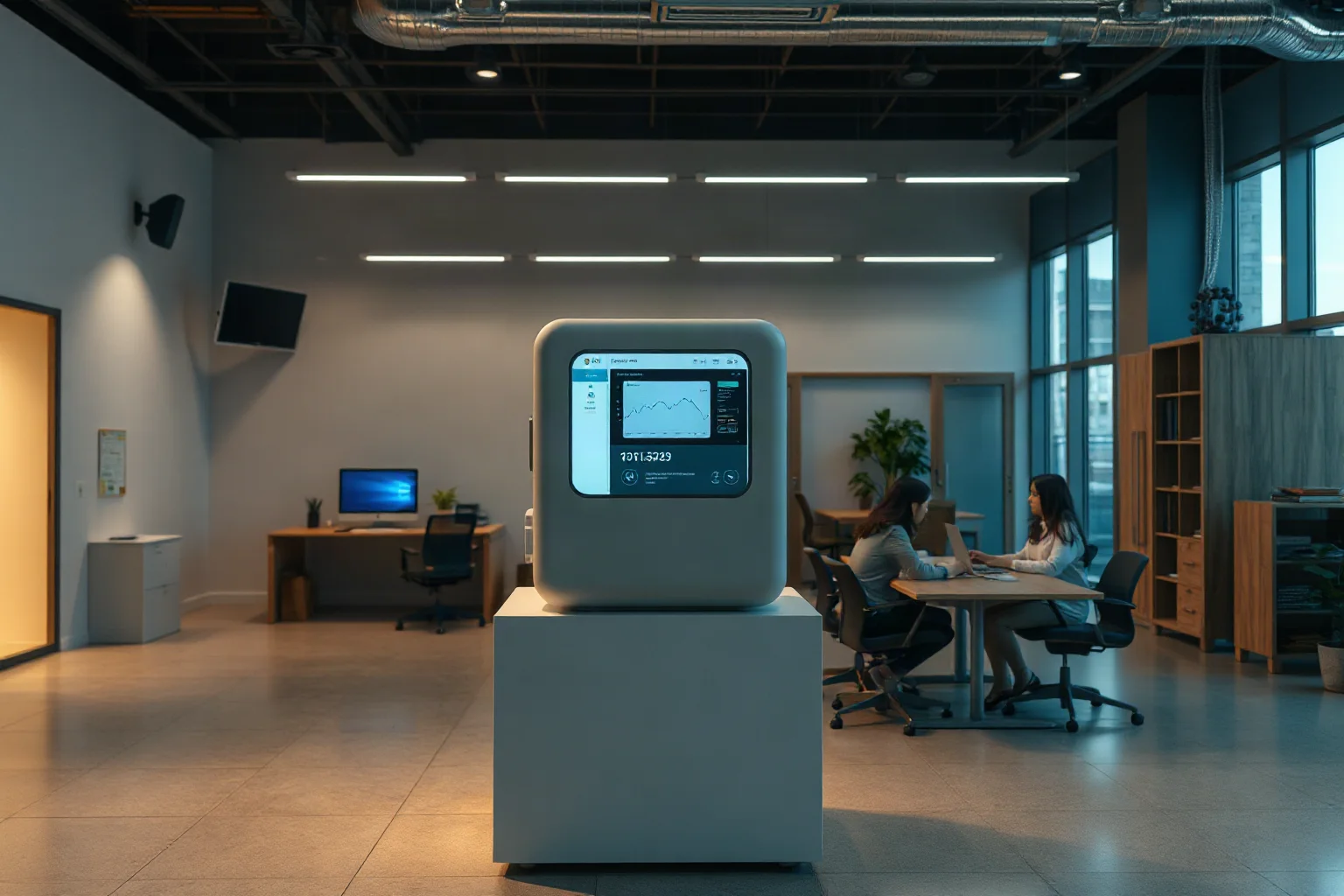 Modern startup office with a large blood-testing device on a pedestal under dramatic lighting