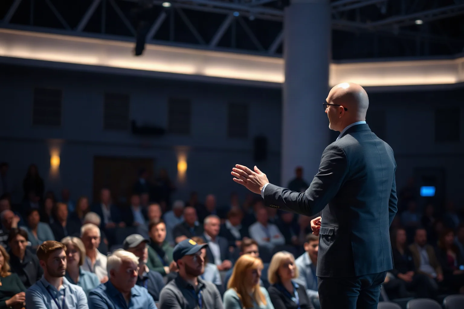 Modern technology entrepreneur presenting a sleek device on stage to a large audience, illustrated style