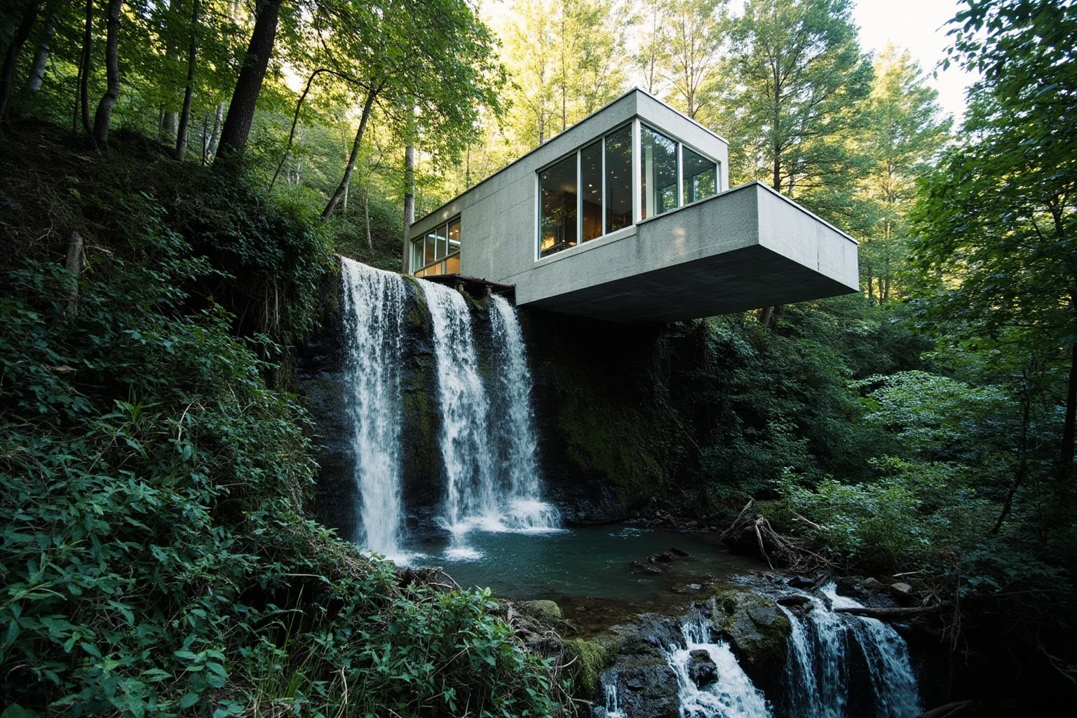 25 Famous American Historical Homes You Can Still Visit Today 13 Modernist concrete-and-glass house cantilevered dramatically over a forest waterfall