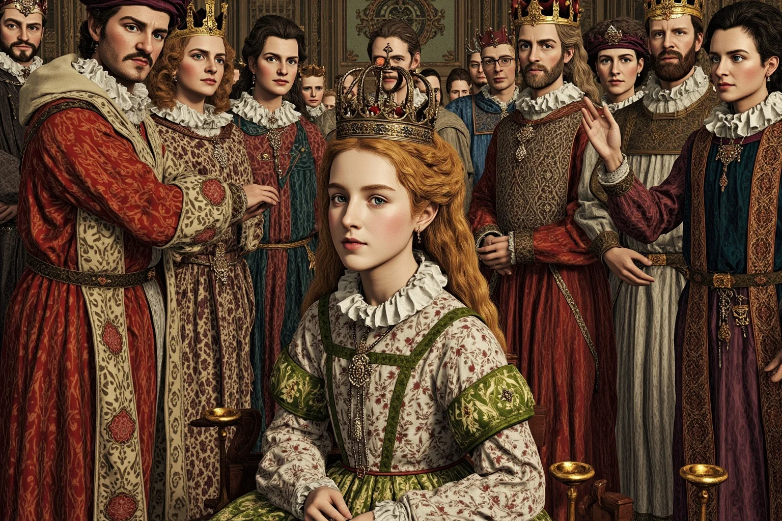 Monarchs Whose Reigns Were Hilariously Short 2 Illustration of a young Tudor-era noblewoman being presented with a crown in a grand hall, surrounded by anxious courtiers
