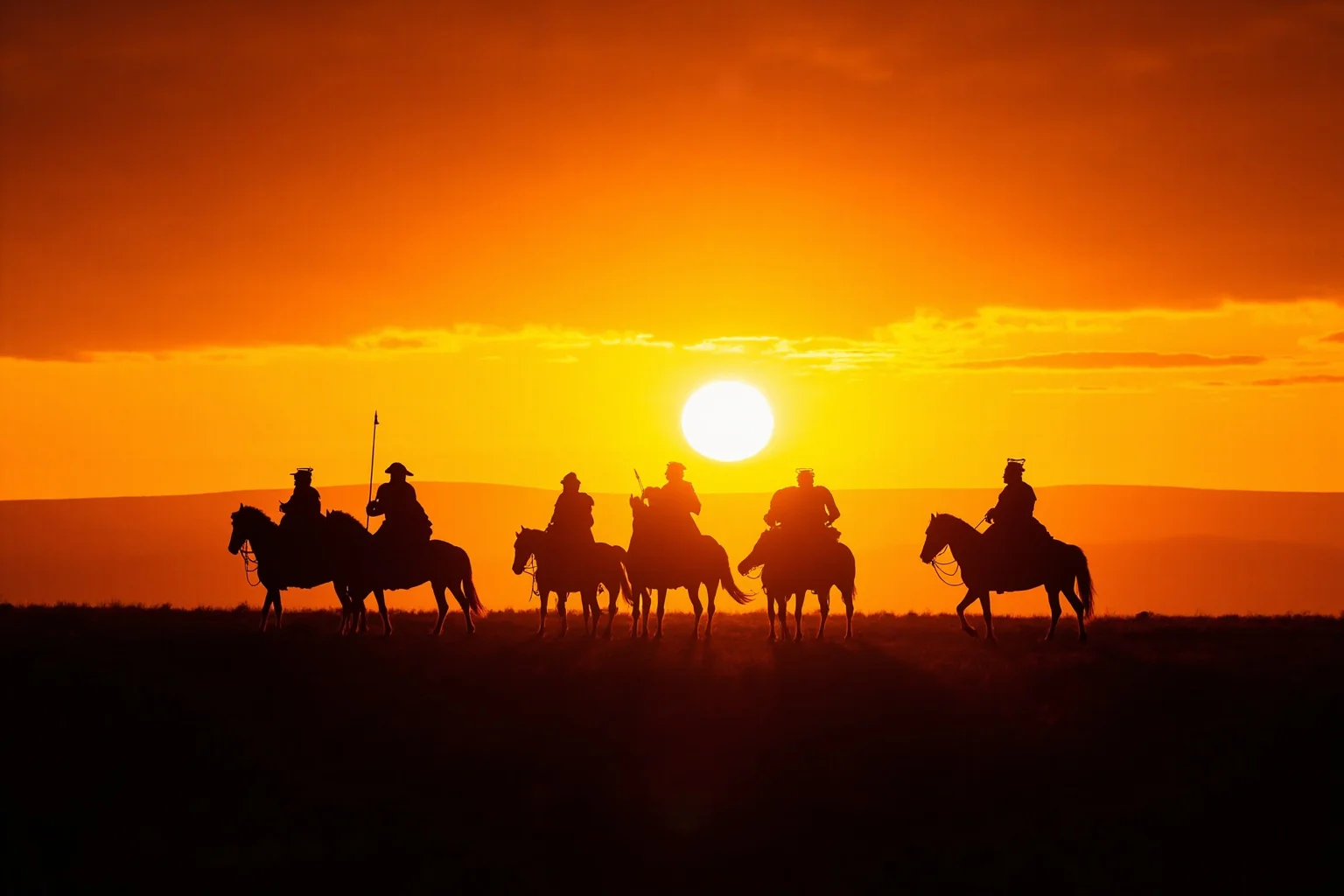 The Worst Events in Human History: 22 of the Darkest Chapters Ever Recorded 6 Mongol-era horsemen silhouetted on a vast steppe landscape at sunset