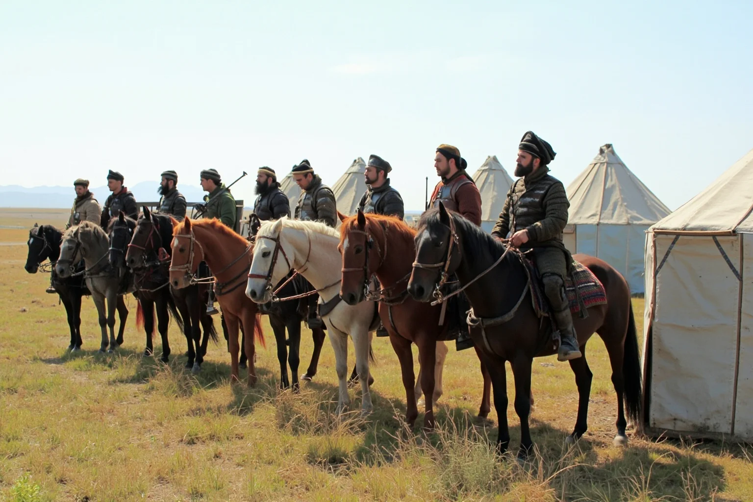 Mongol horse-mounted warriors camped beside yurts on an open grassland steppe