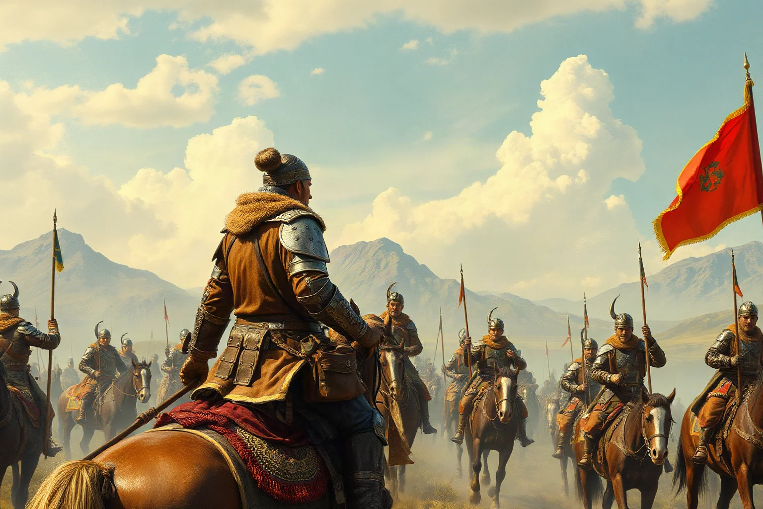 Mongol horseback warlord in leather armor surveying a vast steppe army, illustrative historical style
