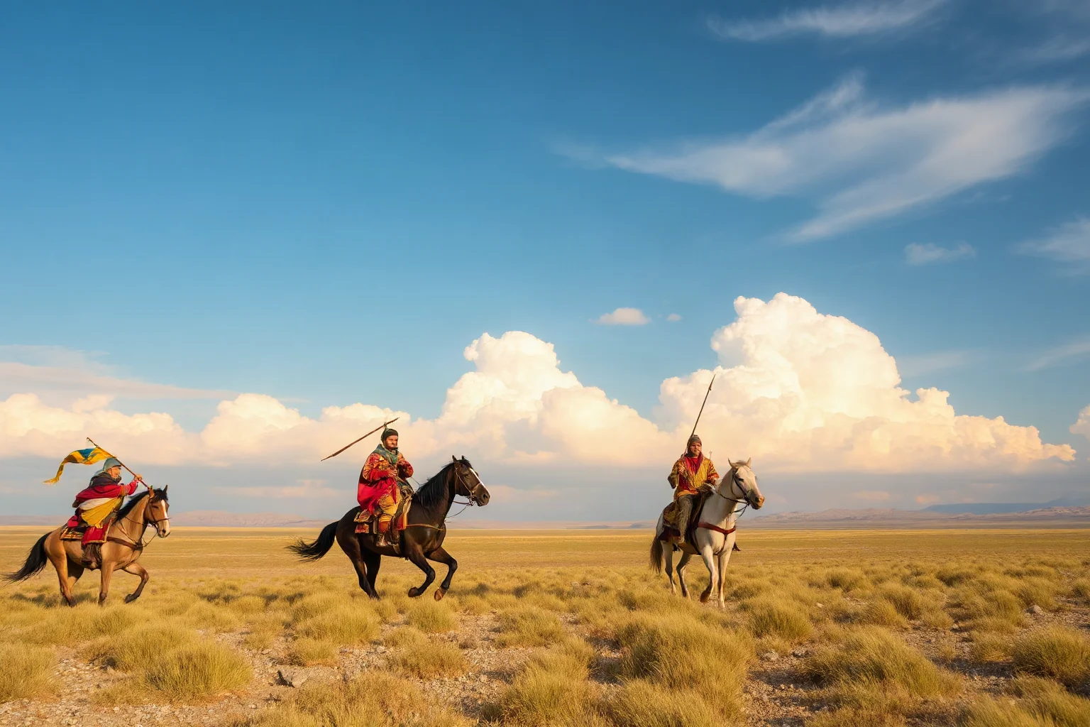 Mongol horseback warriors riding across an open steppe landscape under a wide sky, evoking 13th-century Central Asia