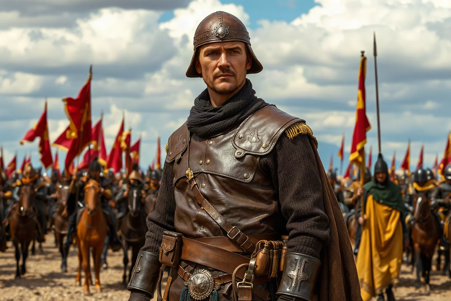 Mongol khan in leather armor standing before a vast army of mounted warriors