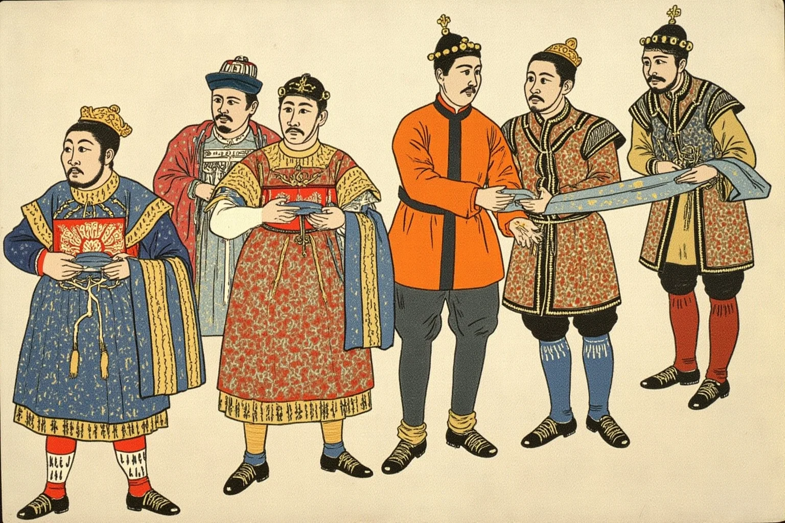 The Mad Baron Who Conquered Mongolia: The Bloody Life of Roman von Ungern-Sternberg 14 Mongolian nobles presenting ceremonial silk sashes and honors to a foreign military officer, illustration