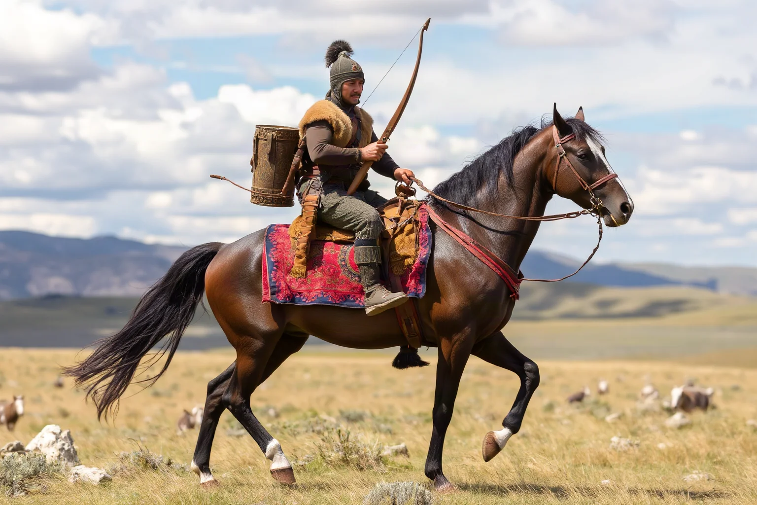 Mongolian nomadic warrior on horseback with traditional armor and bow, vast grassland empire
