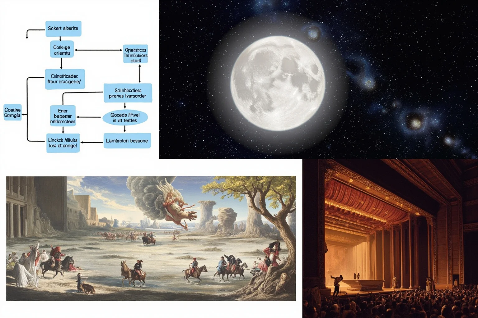 Montage of modern applications: scientific classification system, logic diagram, ethical decision-making scenario, theatrical stage