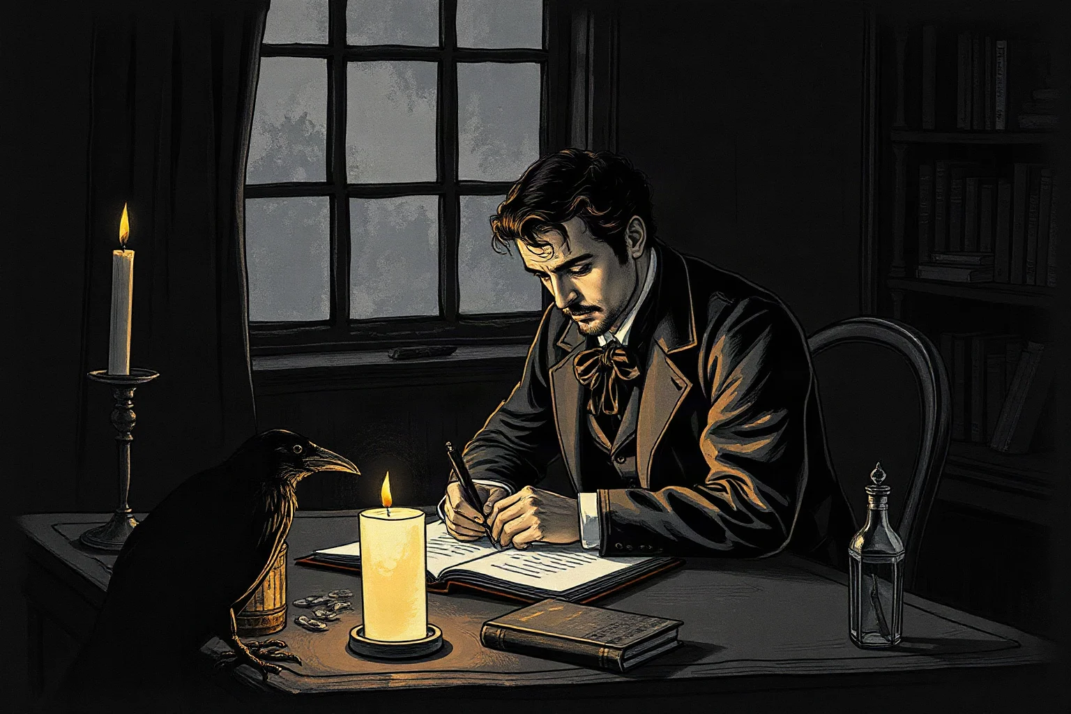 Moody gothic illustration of a 19th century American writer at a candlelit desk with a raven silhouette nearby