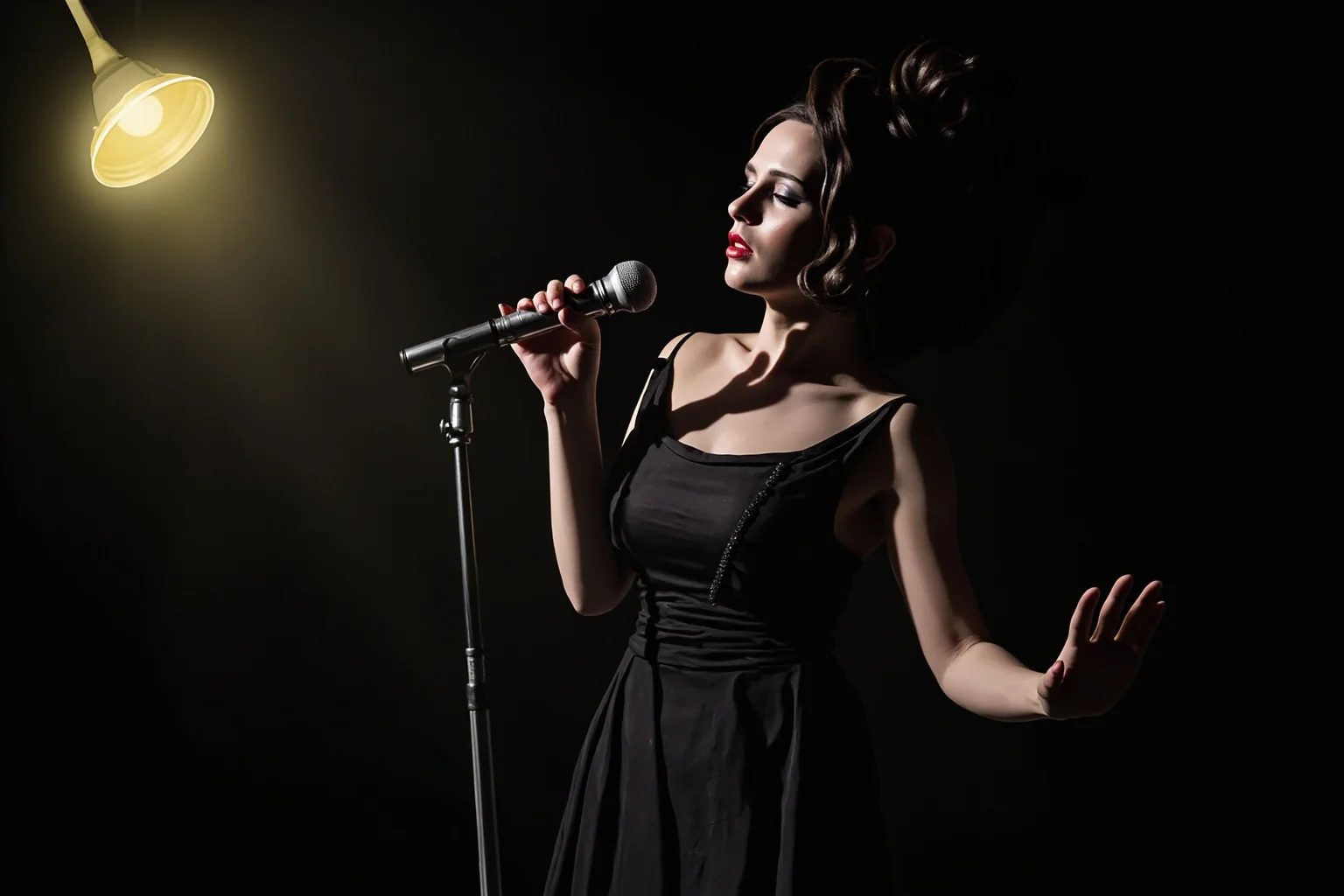Moody illustrated portrait of a 1930s jazz singer performing in a dim nightclub with a single spotlight, noir color palette