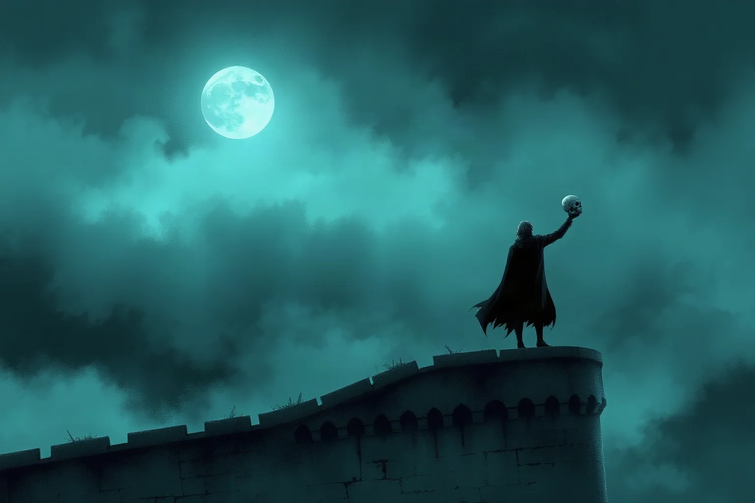 Moody illustration of a lone figure holding a skull on a foggy castle battlement, evoking Hamlet, non-photorealistic
