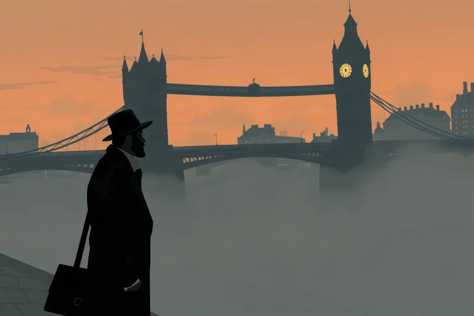 Moody illustration of a pensive modernist poet standing at a foggy London bridge at dusk, 1920s clothing