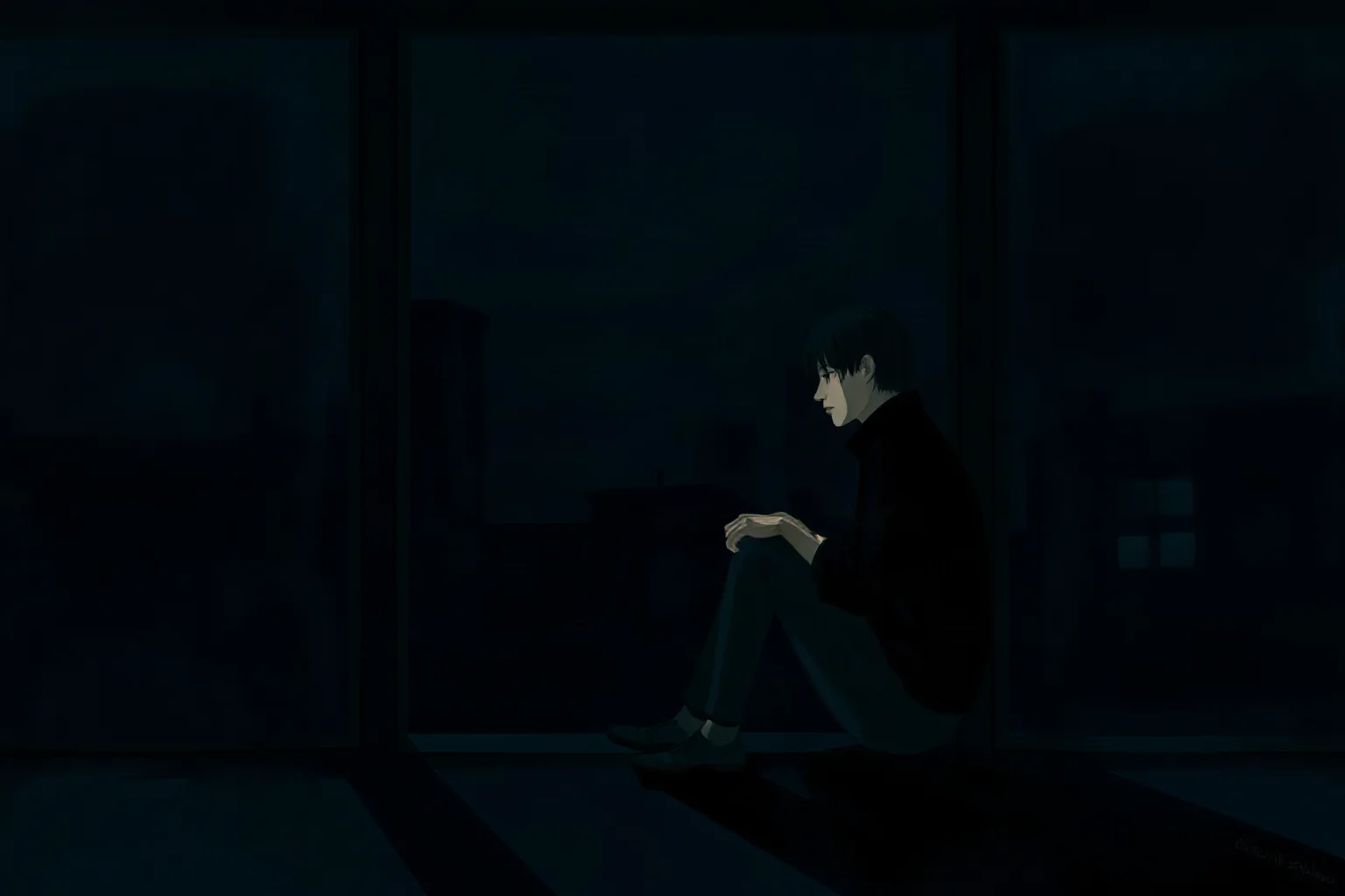 Moody painterly illustration of a solitary figure sitting by a dim window at night, contemplative mood