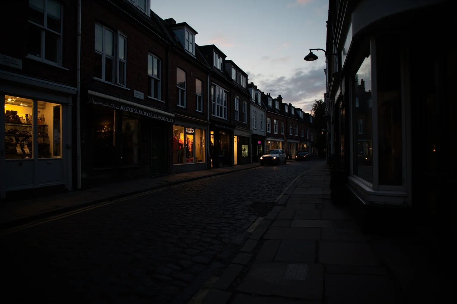 Proof of Time Travel? 20 Famous Photos, Notes, and Stories Fact-Checked 12 Moody photo of a quiet cobblestone shopping street lined with old brick storefronts at twilight