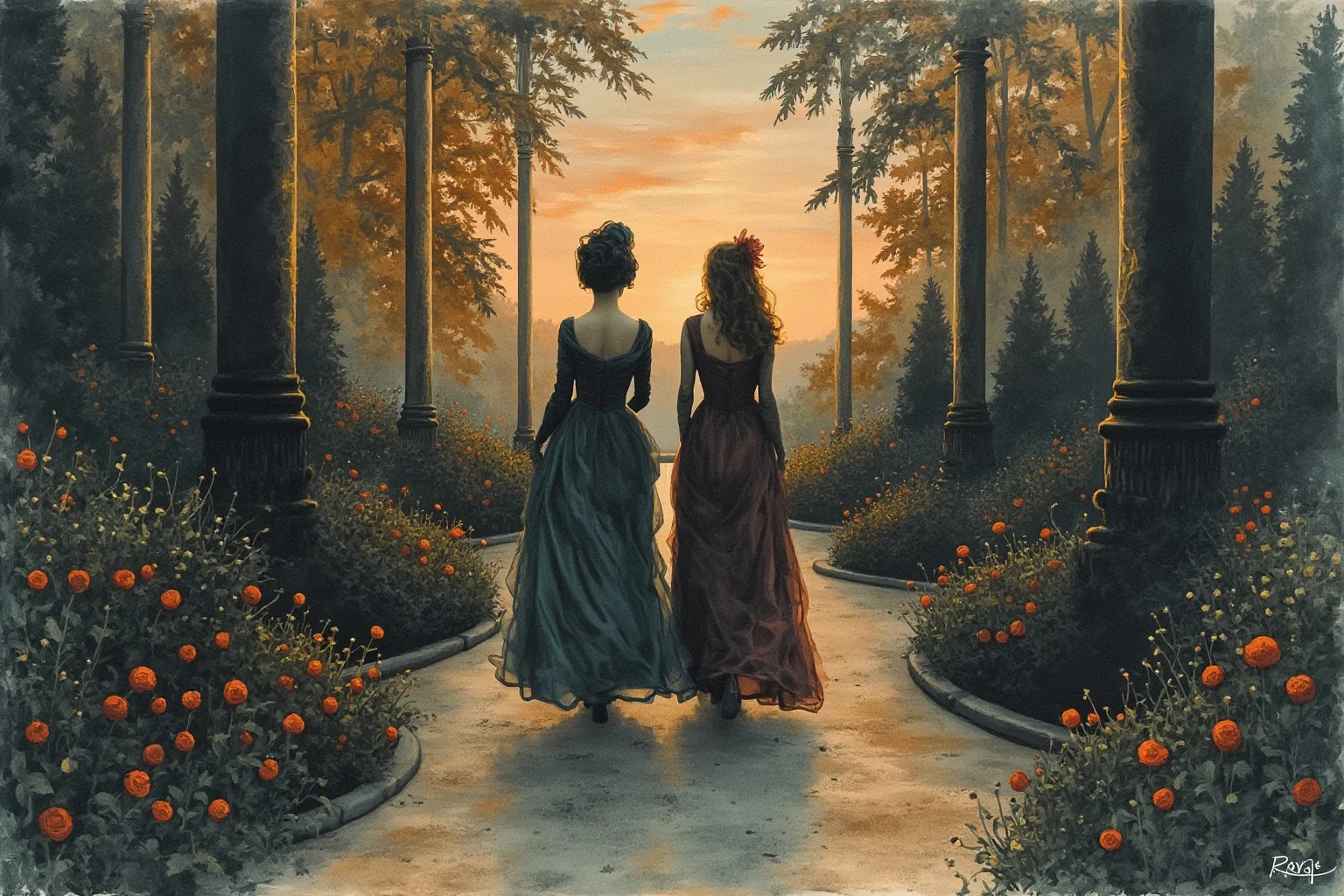 Proof of Time Travel? 20 Famous Photos, Notes, and Stories Fact-Checked 7 Moody watercolor illustration of two Edwardian women walking through ornate palace gardens at dusk