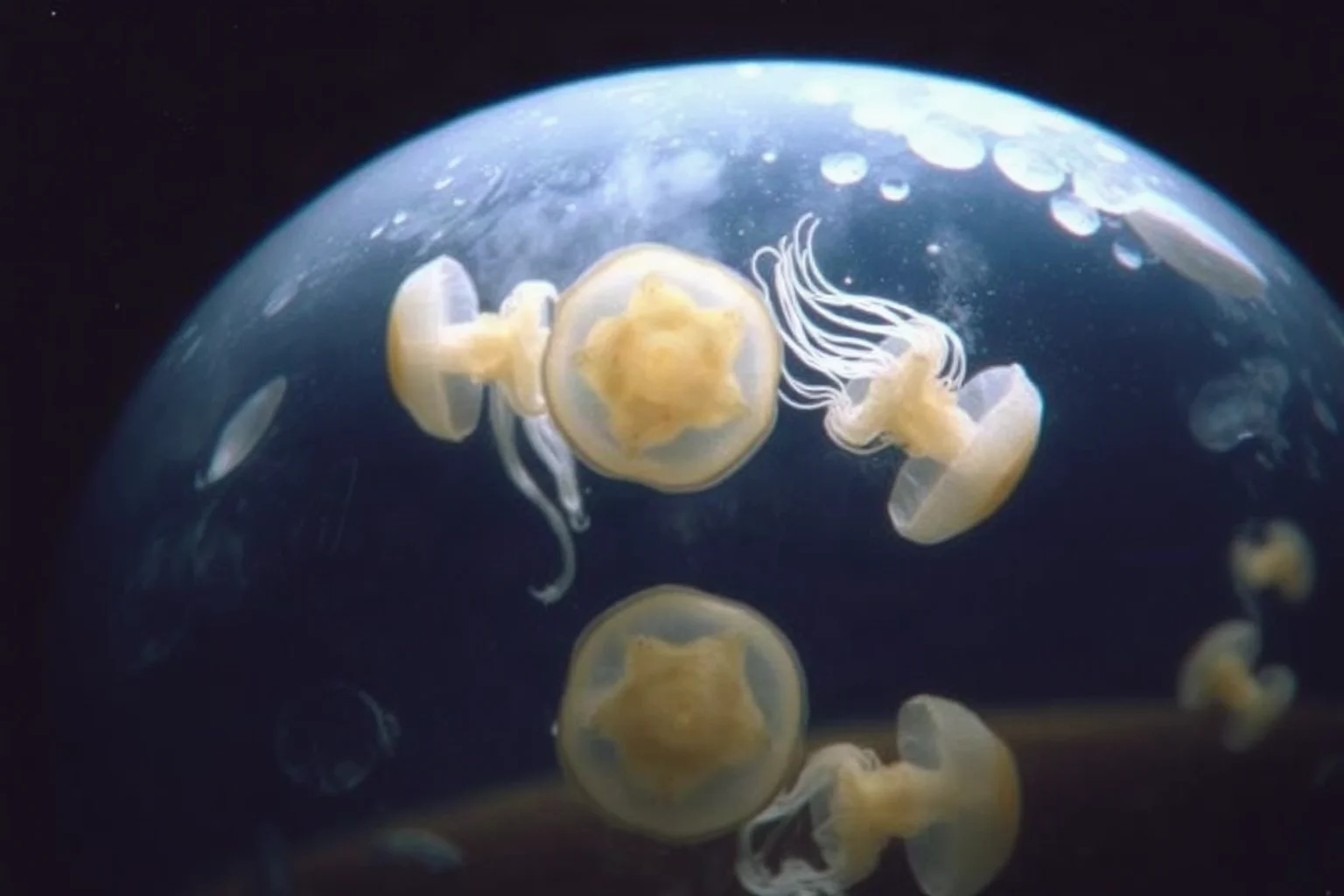Moon jellyfish polyps developing inside an orbital laboratory chamber, 1991