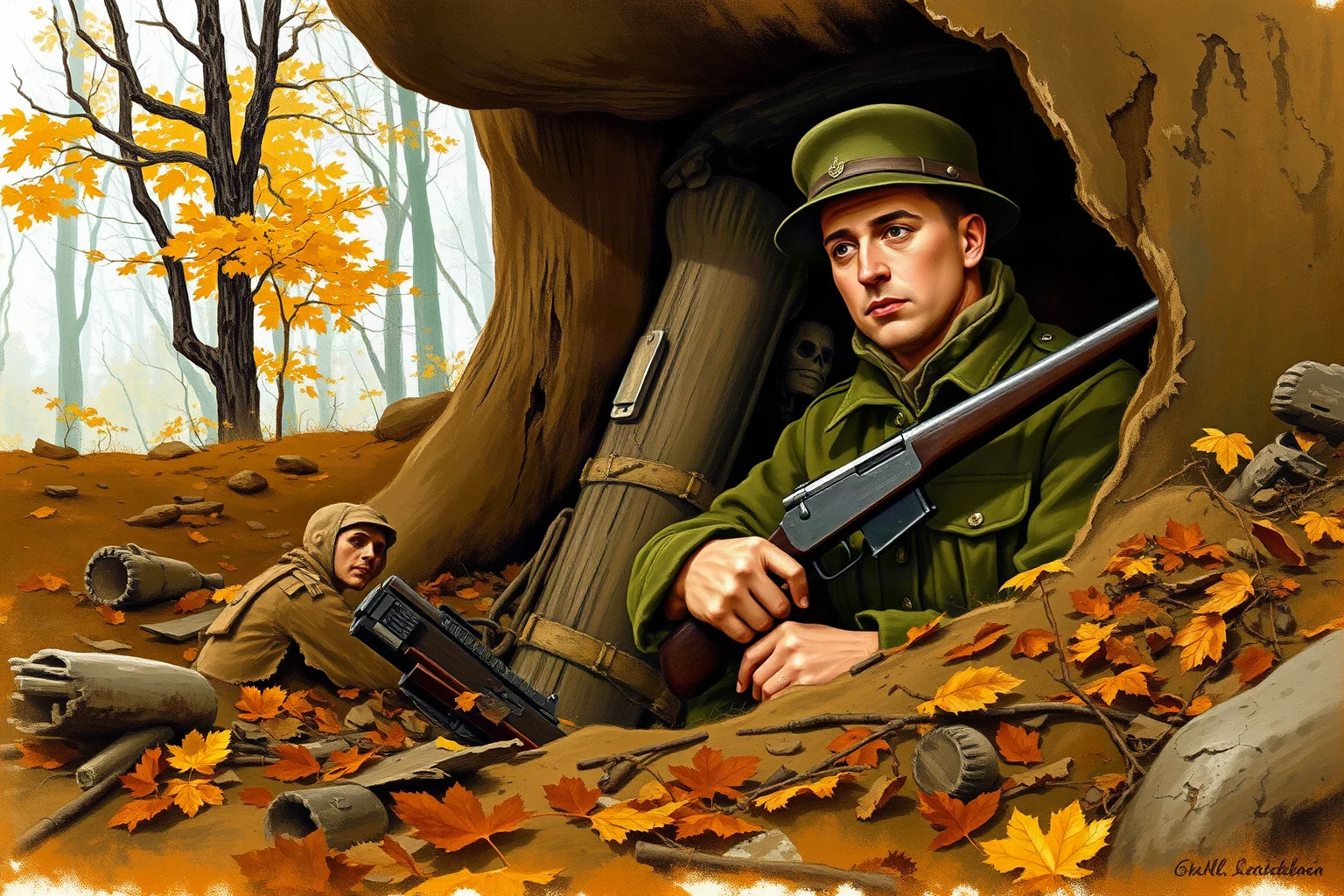 A WWI-era American infantry sergeant in a Meuse-Argonne forest trench, illustrative historical painting style, holding a rifle, autumn woodland setting