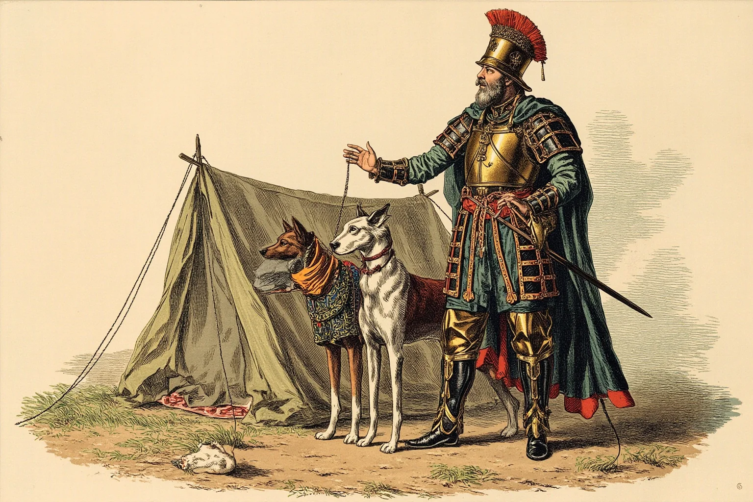 Most Famous Dogs in History: 22 Iconic Canines Who Made Their Mark 2 Ancient Greek-style illustration of a loyal war dog standing beside an armored military commander's tent