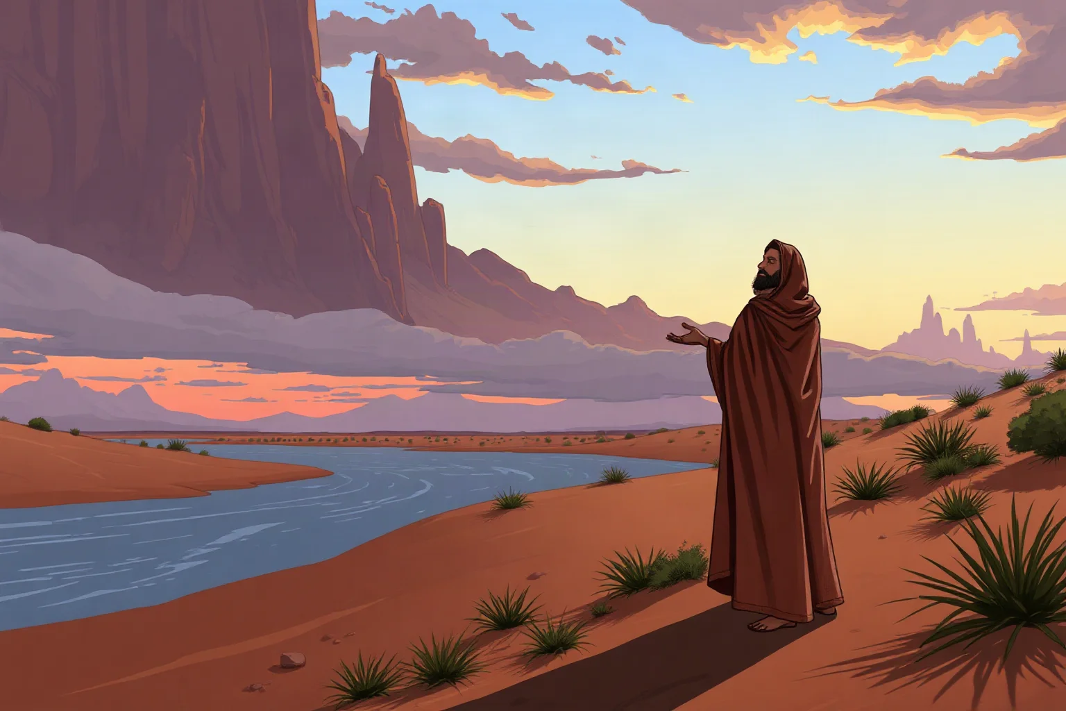 Illustrated depiction of a robed desert preacher standing by a river at dawn, symbolic religious art style, no realistic facial detail