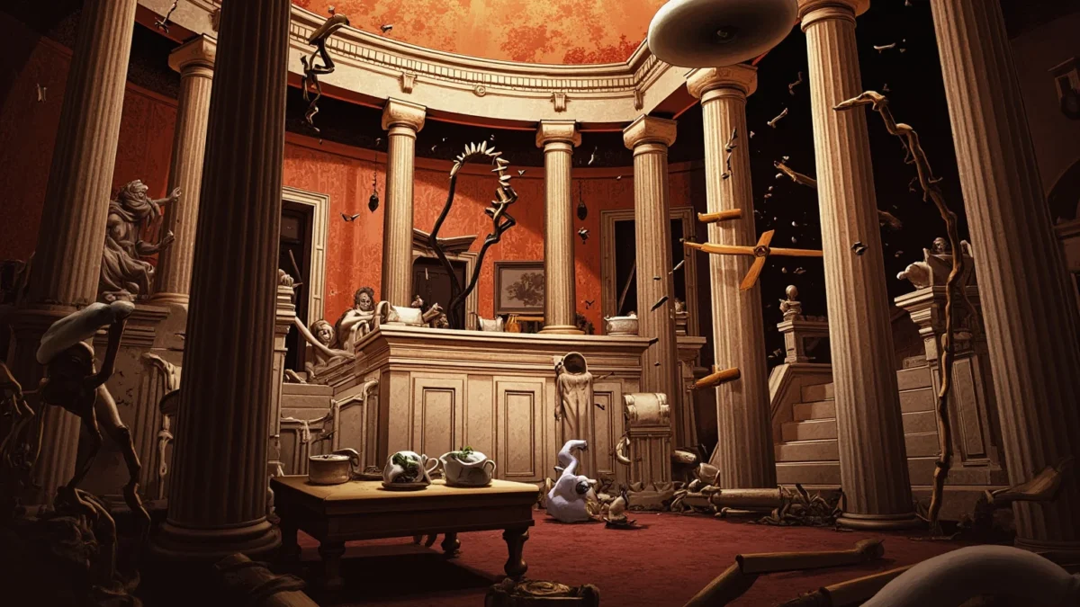 Stylized illustration of a Roman Senate chamber in chaos, togas and marble columns, dramatic lighting, no detailed faces, ancient historical art style