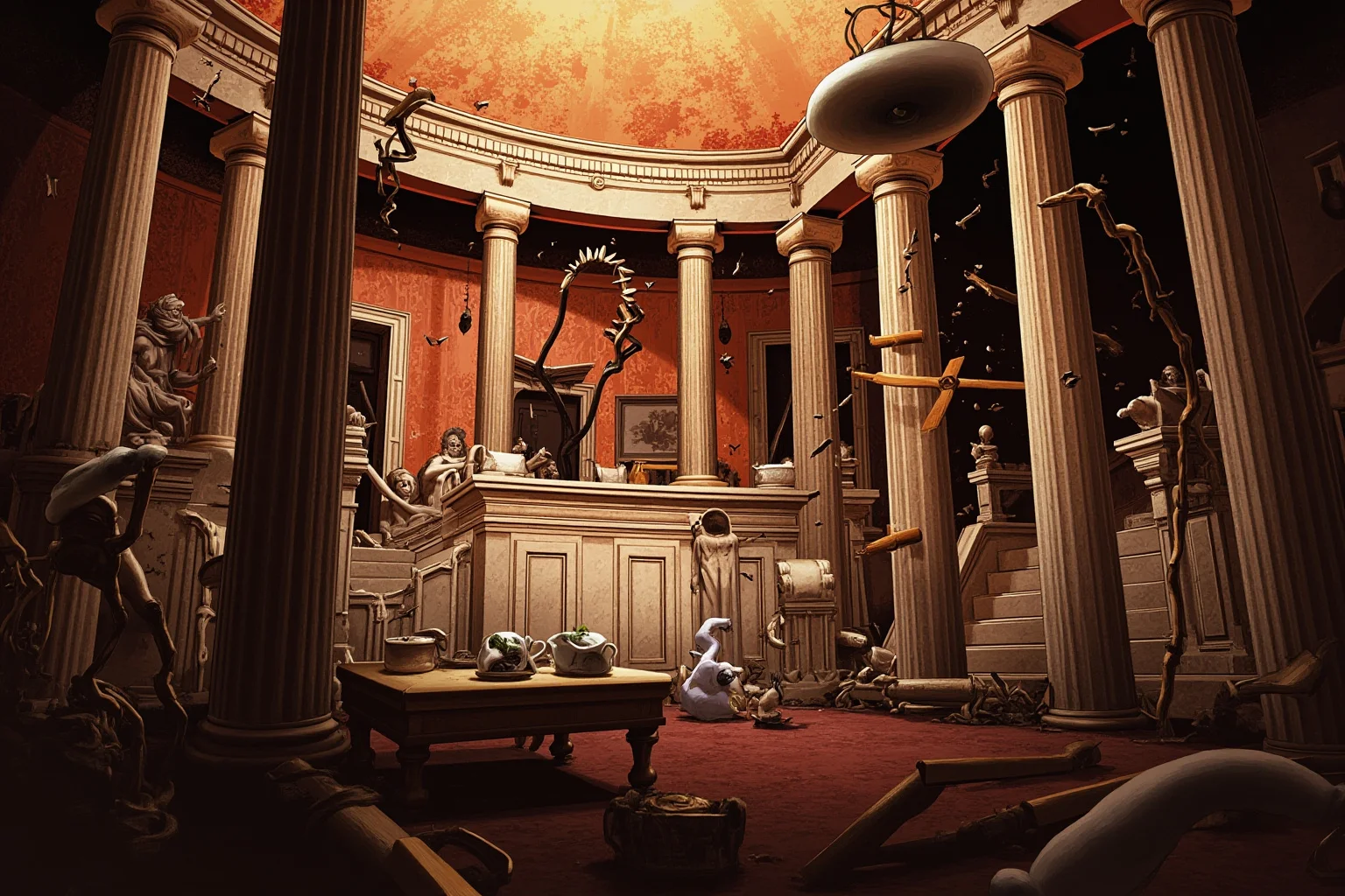 Stylized illustration of a Roman Senate chamber in chaos, togas and marble columns, dramatic lighting, no detailed faces, ancient historical art style