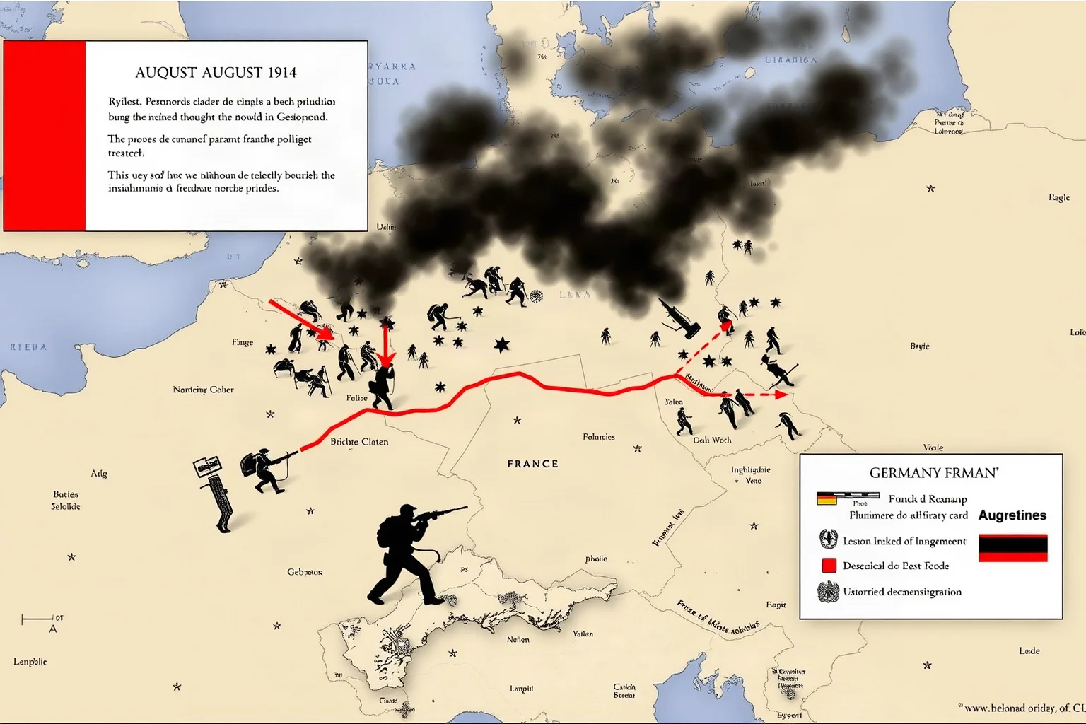 Illustrated map showing French and German armies clashing along the Franco-German border in August 1914