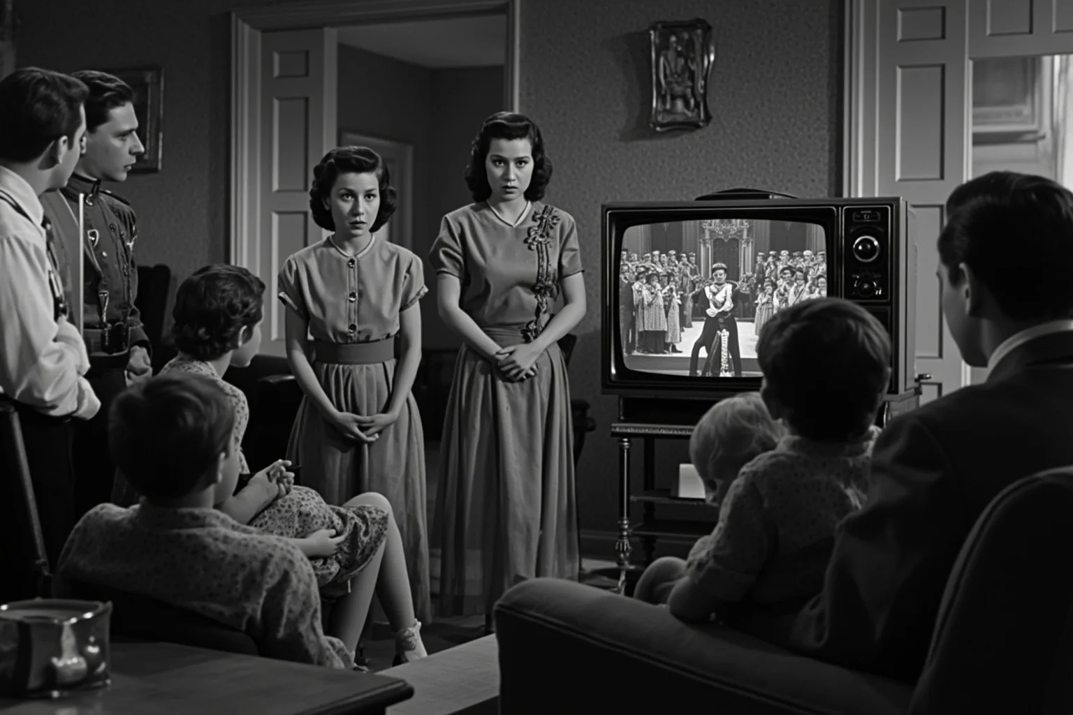 Most Important Historical Events Televised Live 2 A vintage 1950s living room with a family gathered around a small black-and-white television showing a stylized royal coronation ceremony