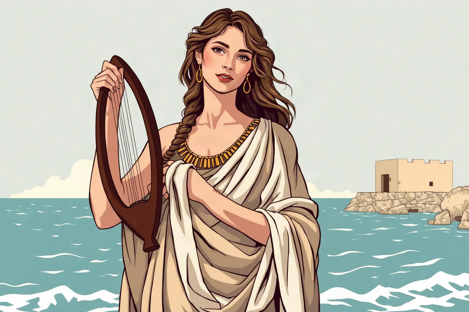 Illustrated portrait of an ancient Greek female poet holding a lyre, standing near the sea on a Mediterranean island, classical art style