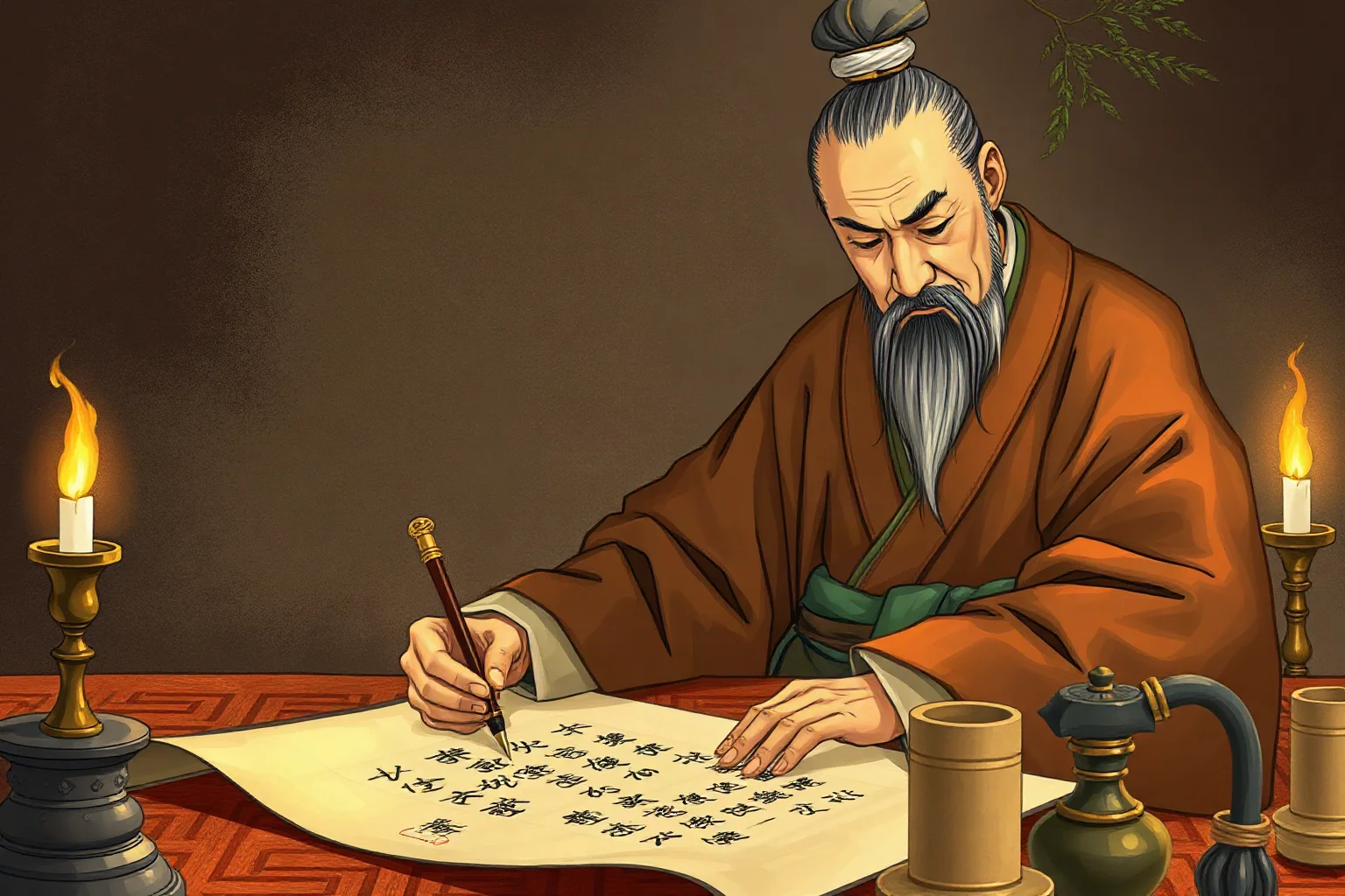 Ancient Chinese scholar-general in flowing robes writing on a bamboo scroll by candlelight, illustrative historical style