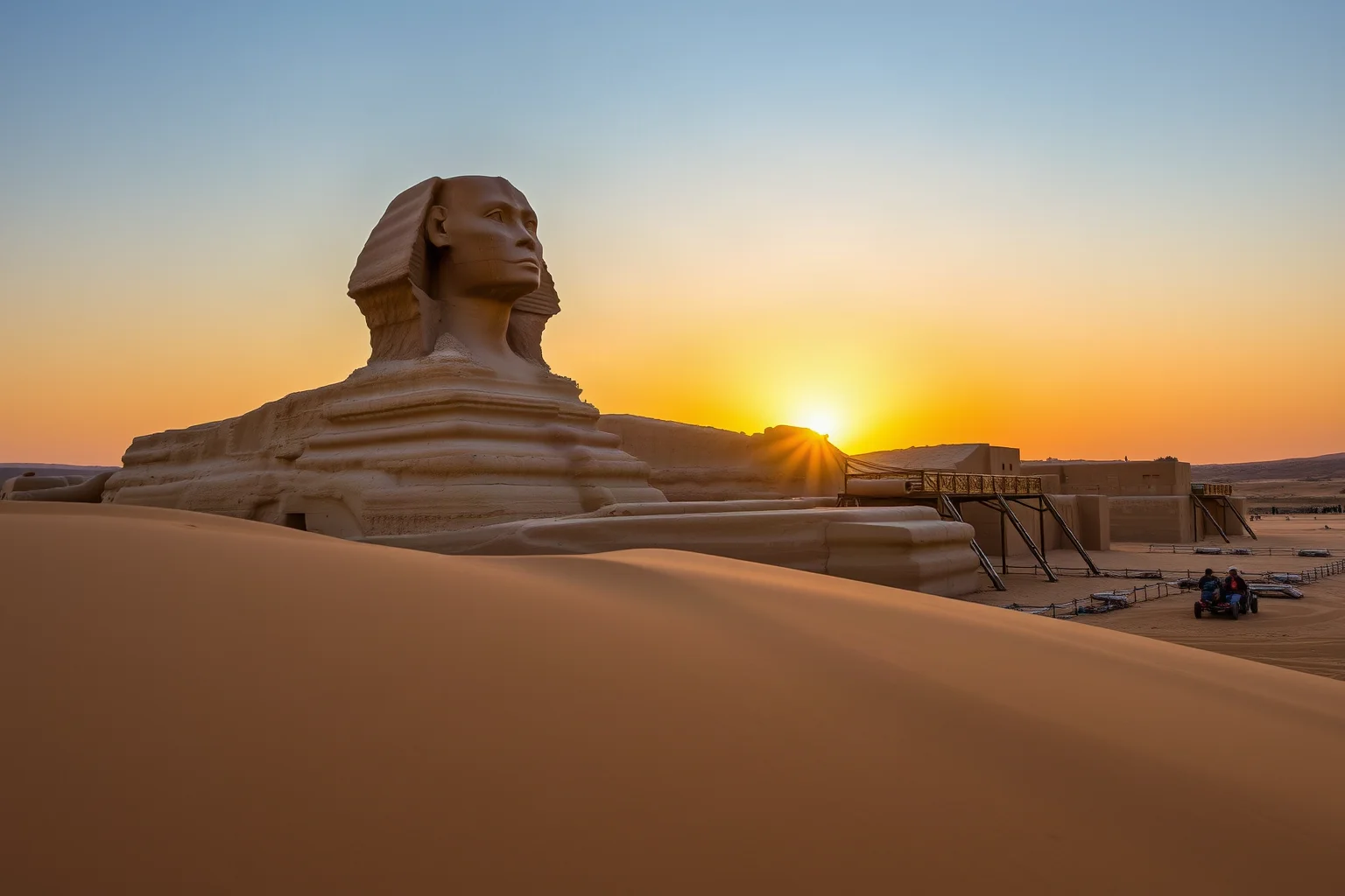 The Great Sphinx of Giza at sunset with sand dunes in the foreground, wide desert landscape shot