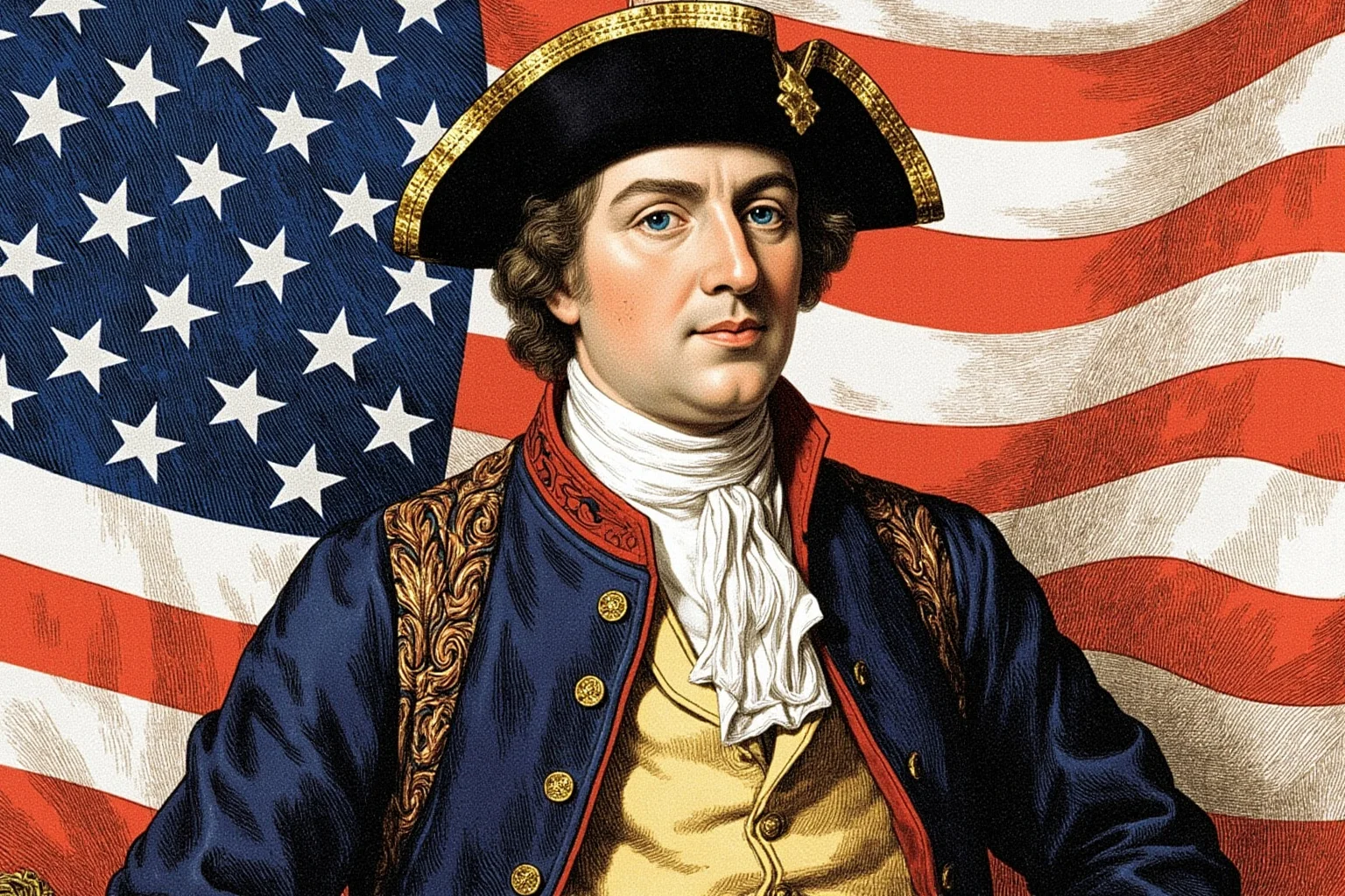 Most Influential US Presidents: A Ranked, Myth-Busting Guide 2 Illustrated portrait of a colonial-era American statesman in 18th-century attire, standing before an early American flag