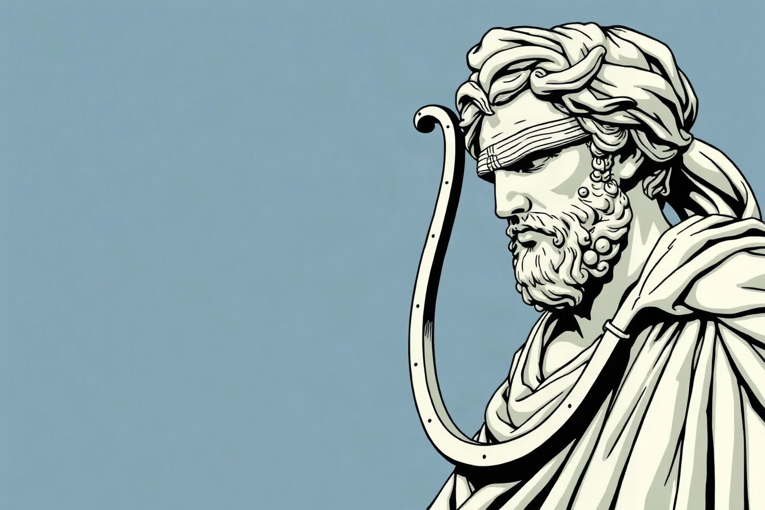 Ancient Greek marble bust style illustration representing a blind epic poet with a lyre, evoking Homer and classical Greek storytelling