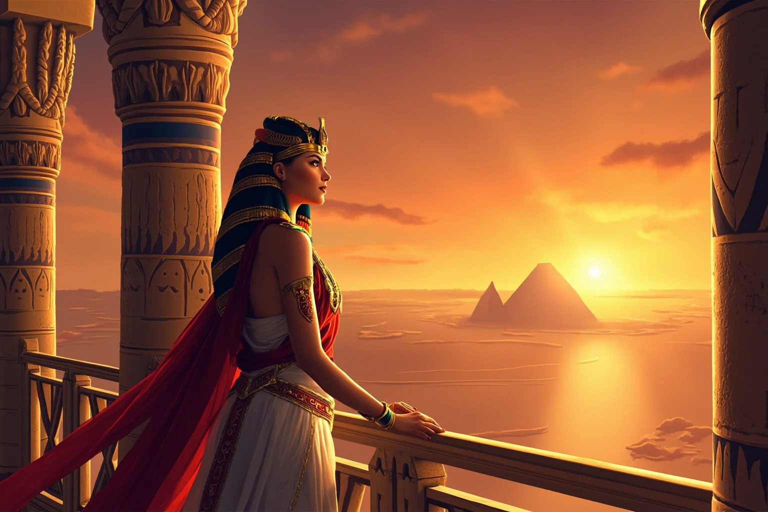 Most Interesting People in History: 22 Figures Who Shaped the World 2 An elegant ancient Egyptian queen in royal regalia standing on a palace balcony overlooking the Nile at sunset, illustrative historical art style