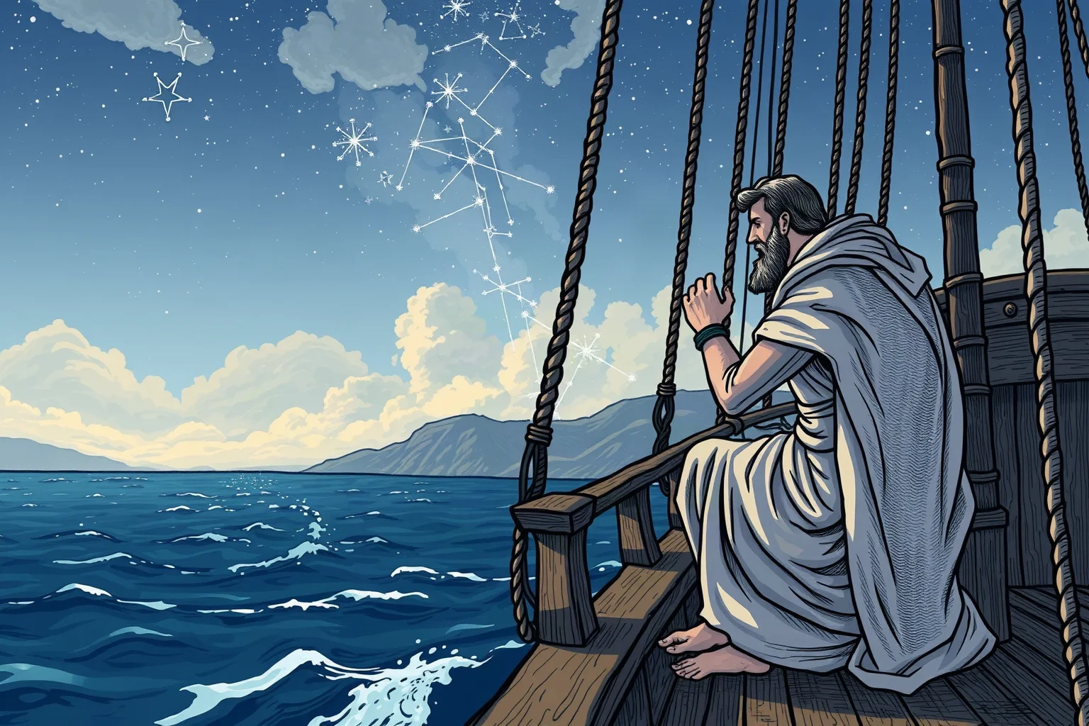 Ancient Greek sailor on a wooden ship deck studying the stars near the coast of Britain, illustrated historical style