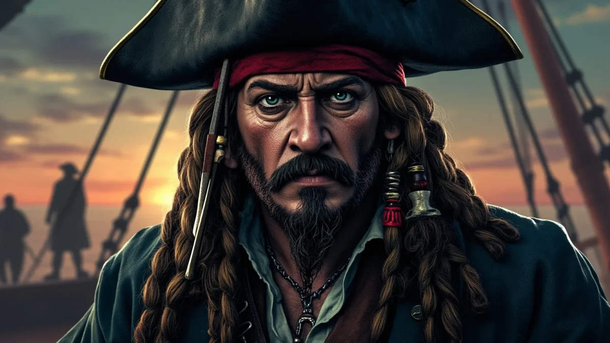 A stylized illustration of a fearsome 18th-century pirate captain with a braided beard standing on a ship deck at dusk