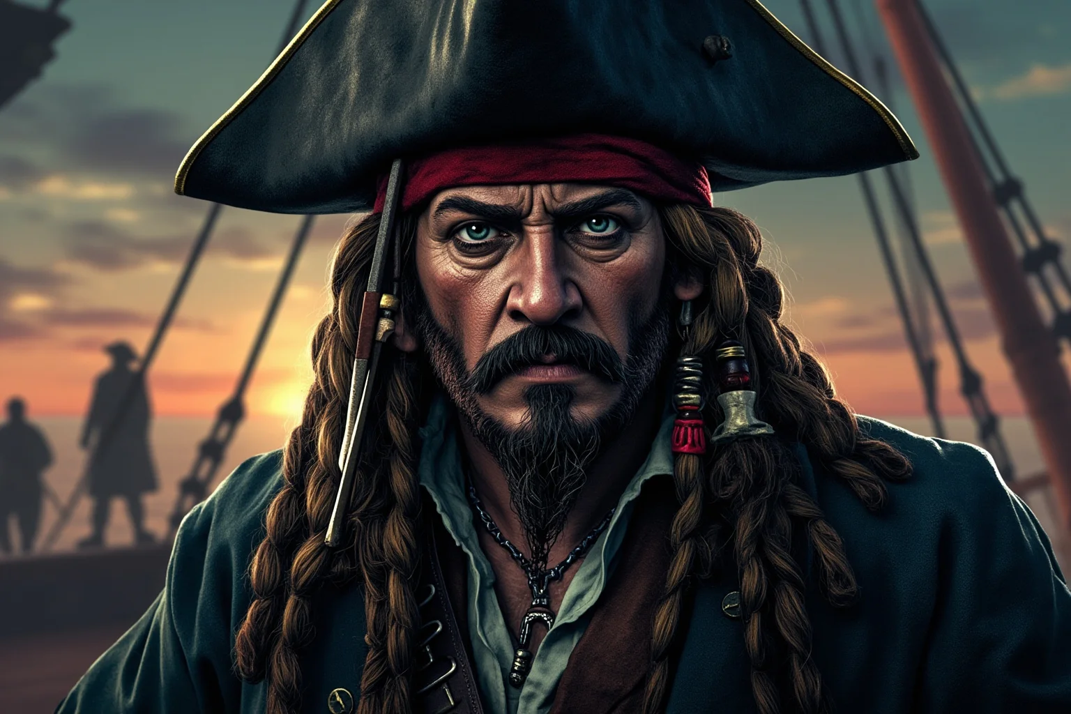 A stylized illustration of a fearsome 18th-century pirate captain with a braided beard standing on a ship deck at dusk