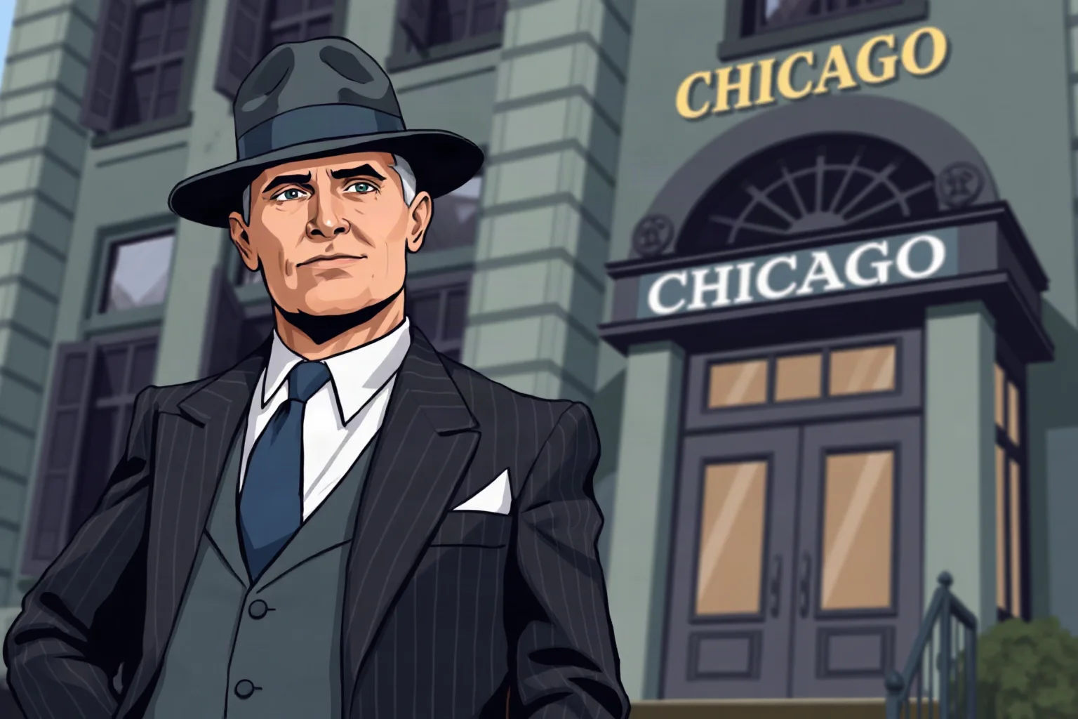1930s-style illustration of a fictional mob boss in a pinstripe suit and fedora standing outside a Chicago-style building, no real person depicted