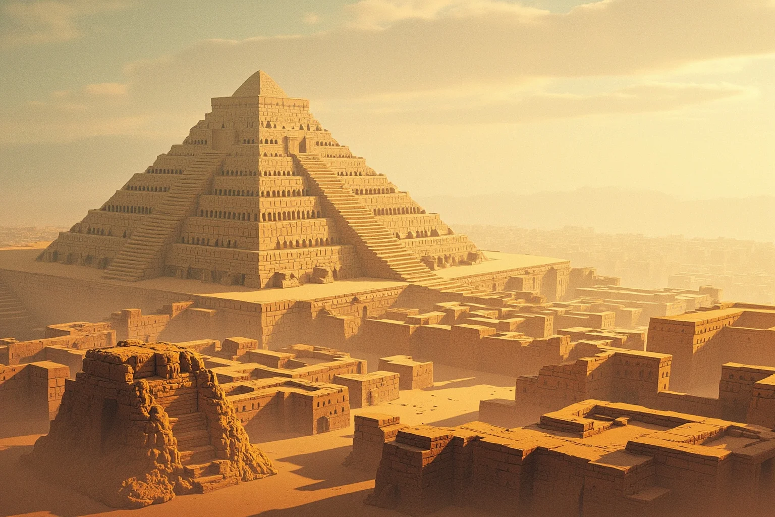 Illustrated ancient Mesopotamian ziggurat and mudbrick city under a hazy sky, evoking the Akkadian Empire