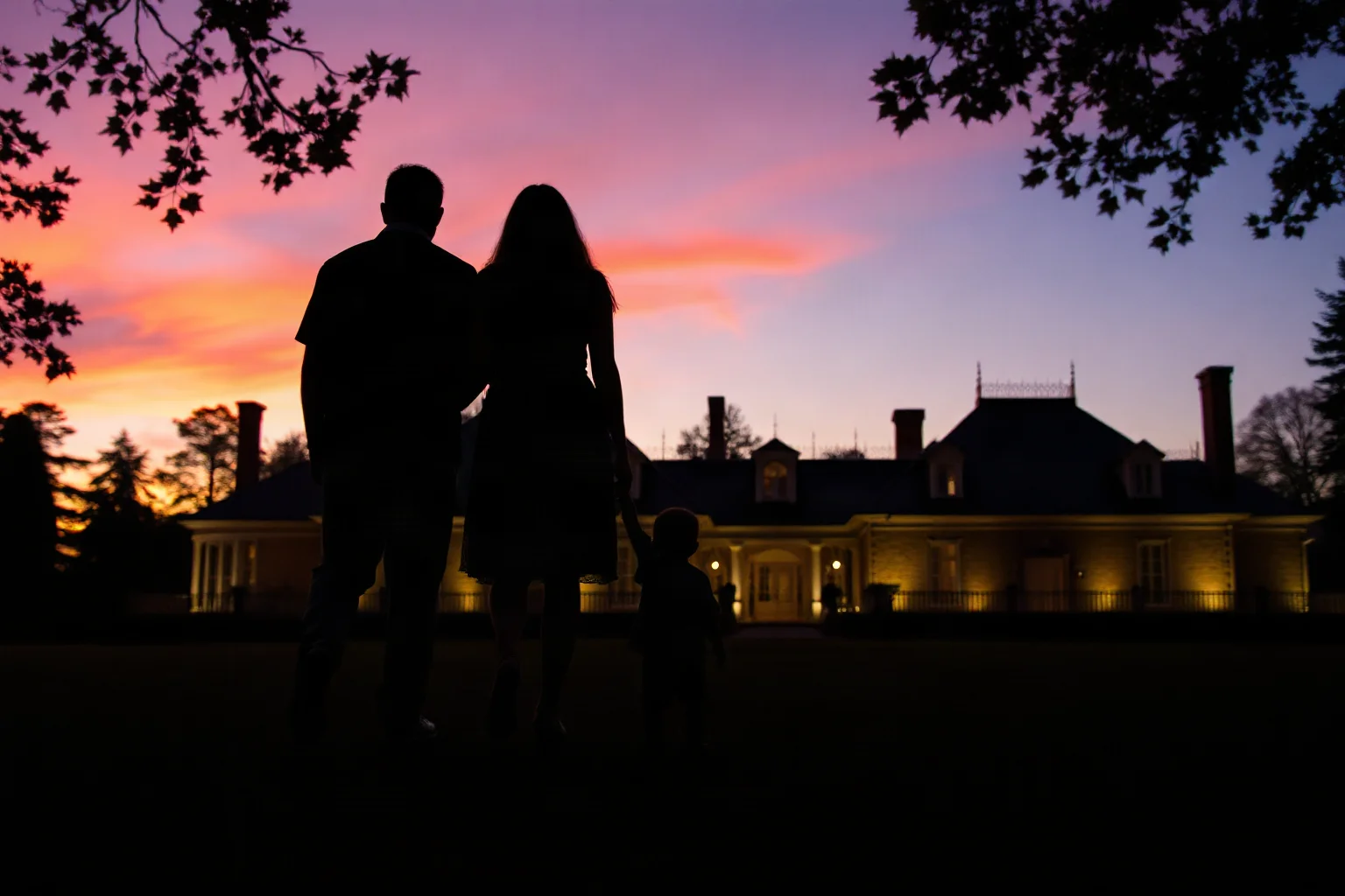 Mother and son silhouette walking away from a grand mansion at dusk