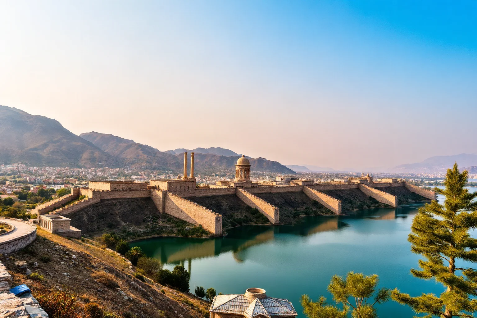 Mountain fortress city with stone walls overlooking a lake, representing the kingdom of Urartu