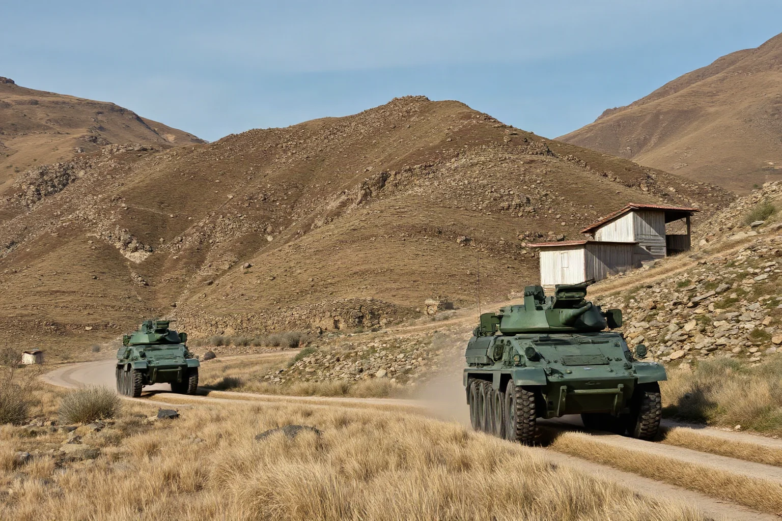 Mountain terrain with brief modern armored vehicle movement near a Caucasus village