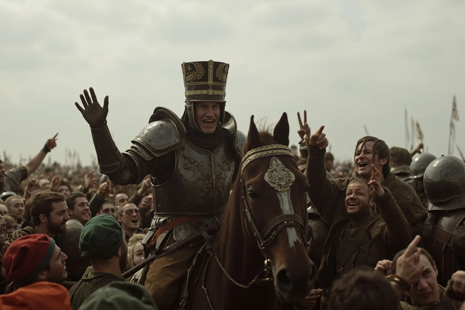 Mounted knight in ornate armor being crowned or celebrated by cheering soldiers on a muddy battlefield