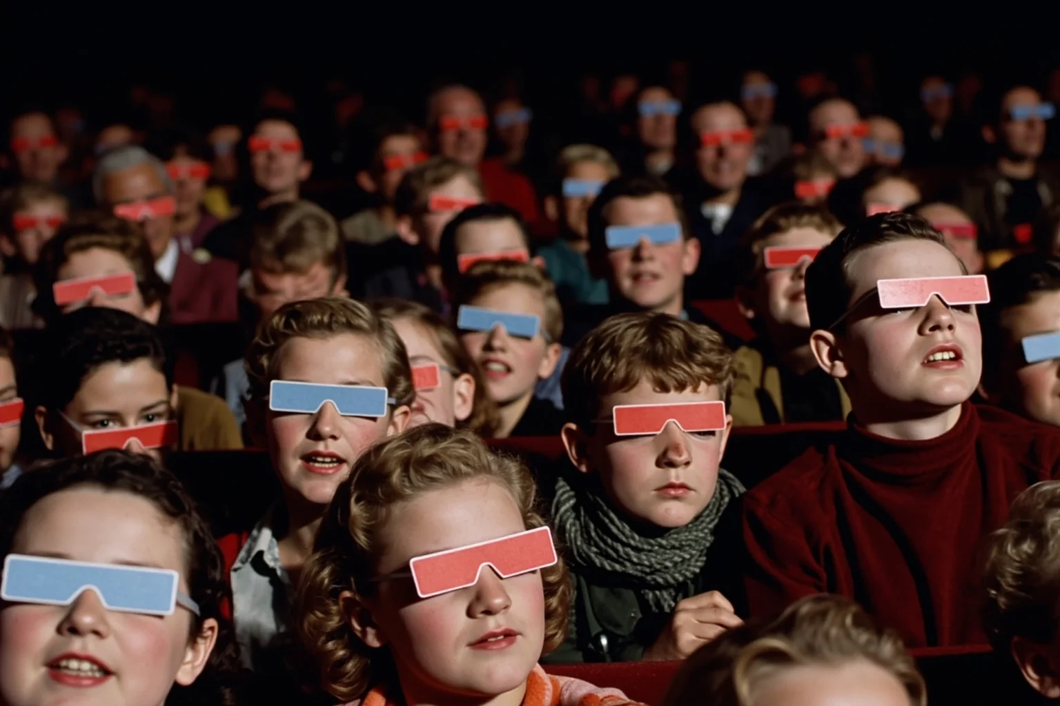 Biggest Fads Throughout American History 18 Movie theater audience wearing red and blue paper 3-D glasses in the 1950s