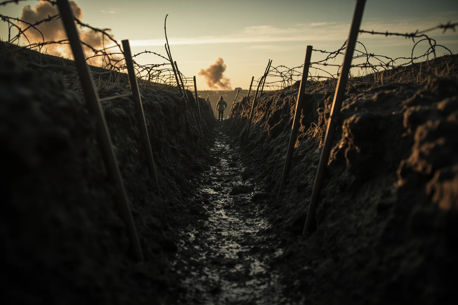 Muddy WWI trench landscape at dusk with barbed wire and distant shell explosions, evoking a long attritional battle