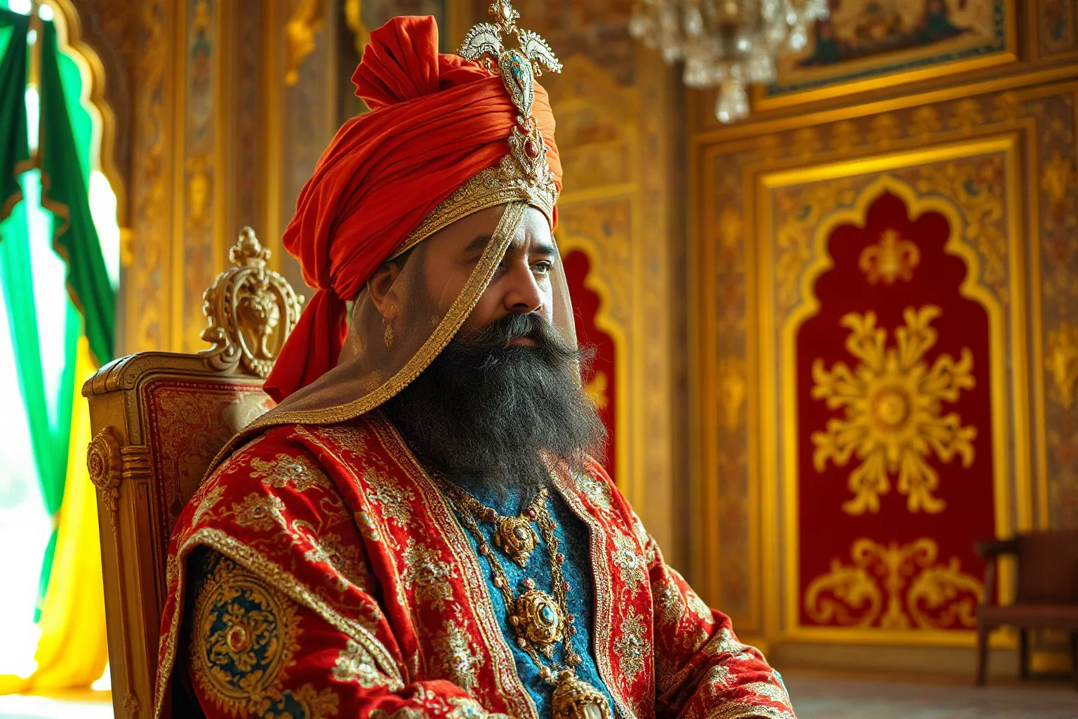 Mughal emperor in jeweled robes and turban seated in an ornate palace hall