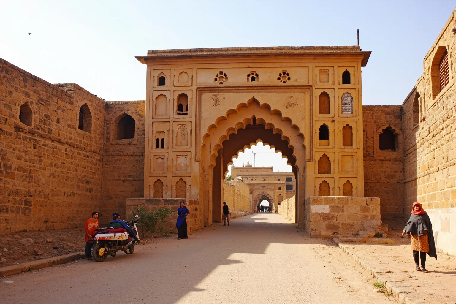 Mughal-era caravanserai gateway with sandstone carvings and a walled courtyard along a dusty historic trade road